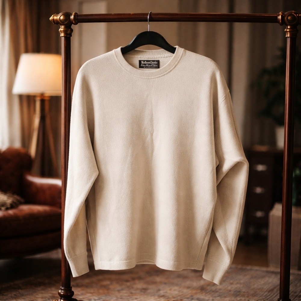 Marlboro Classics‎ Mens XXL Beige Ribbed Long Sleeve Thermal Shirt Y2K